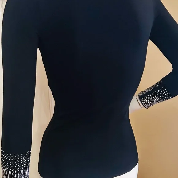 KIKIRIKI Black Long-Sleeve Crewneck Top with Crystal-Embellished Cuffs size S - Picture 9 of 15